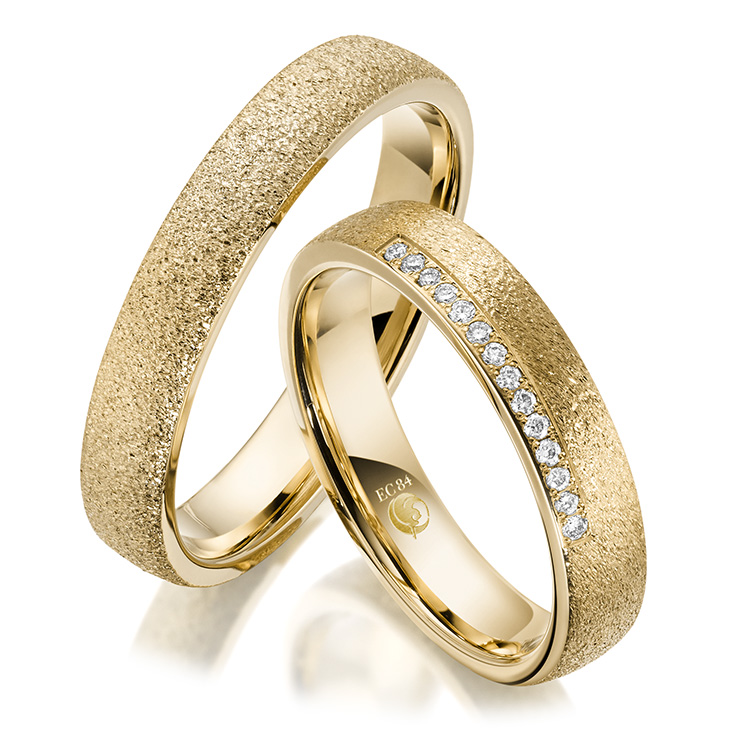 Rubin Trauringe Eheringe 1606 Gelbgold Gold strukturiert diamantiert